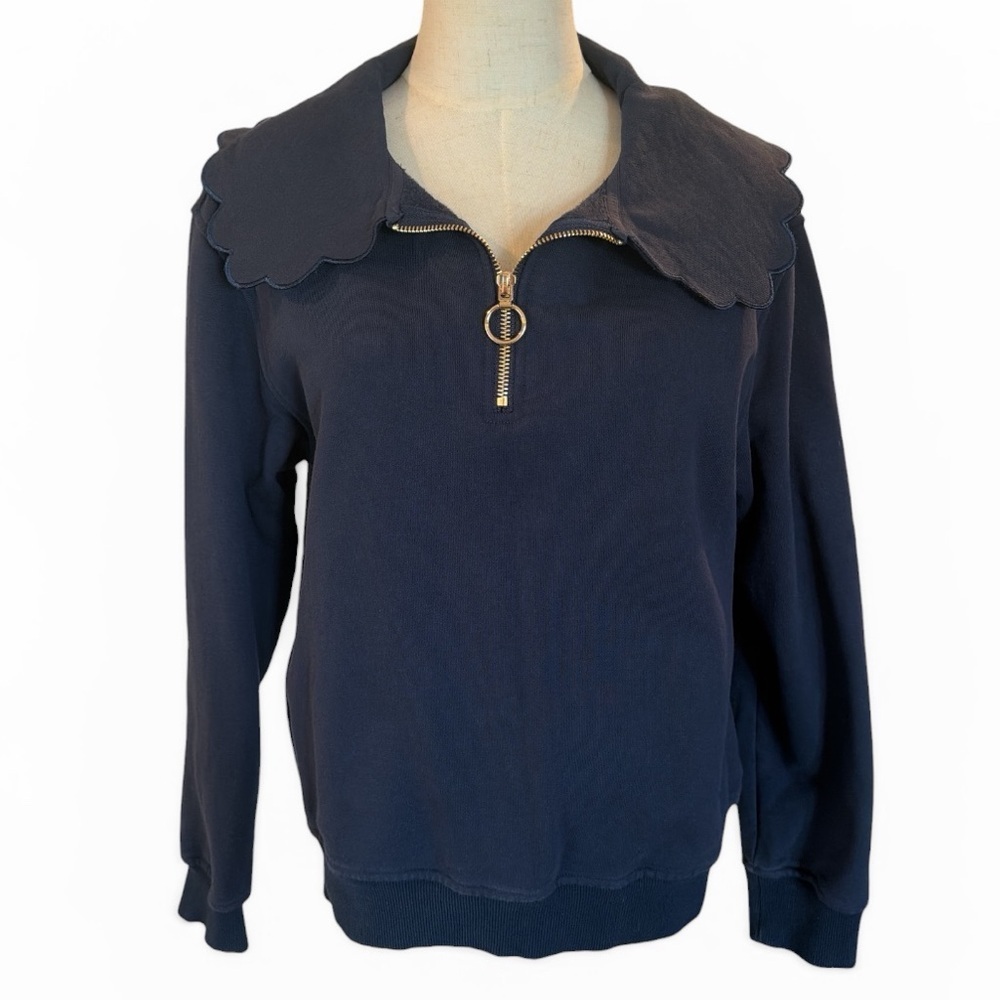 SYSS The Label Lucy Pullover Sweatshirt Navy Scallop Collar Zip Sz S